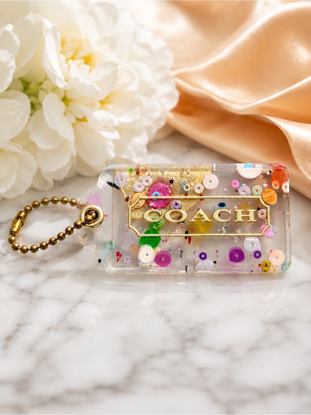 COACH Large Clear Confetti Acrylic Hang Tag Bag Charm/Keychain Multicolor